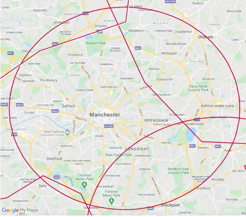 Map of Manchester and Salford with the multiplex's predicted coverage area outlined in red