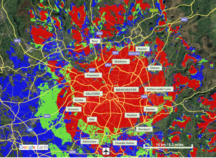 Ofcom coverage map showing Manchester DAB Block 7D signal area across Manchester and Salford